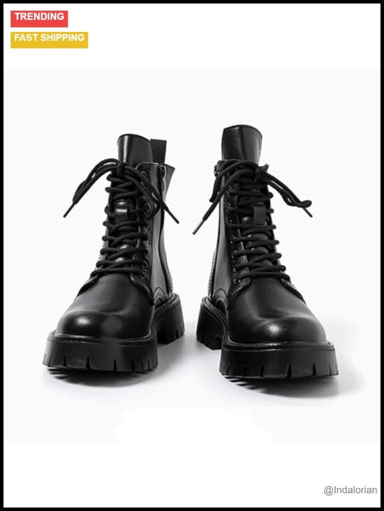 Men\'s Faux Leather Platform Combat Boots Lace Up Side Zipper Chunky Lug Sole